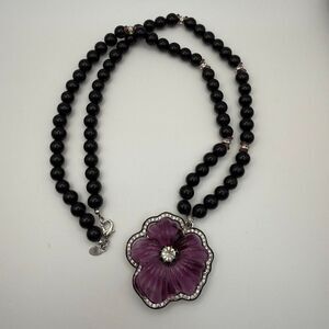 Kenneth Jay Lane vintage Floral Pendant Necklace Signed Black Beads purple